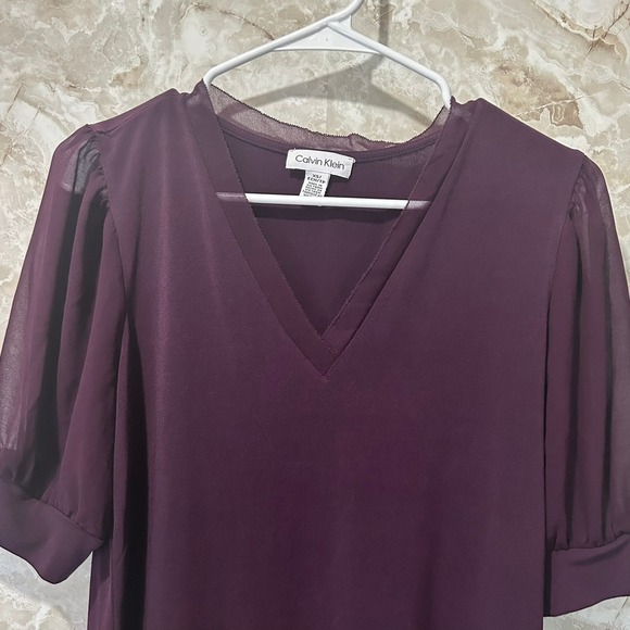 Calvin Klein Blouse Top XS Extra Small Sheer Puff Sleeve‎ V Neck Plum - Picture 2 of 11